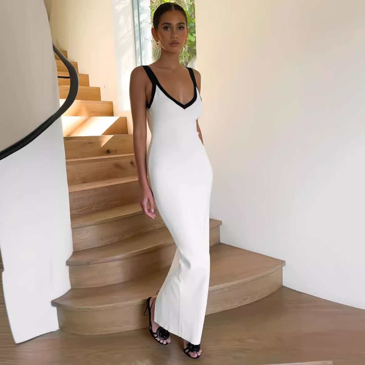 Women's Vest Contrast Color Beach Vacation Sexy V Neck Maxi Dress Knitted Sleeveless Split Maxi Dress