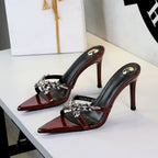Stiletto Heel Open Toe Pointed Toe Slippers Rhinestone Wheat Cross Strap Slip on Outdoor Slippers for Women