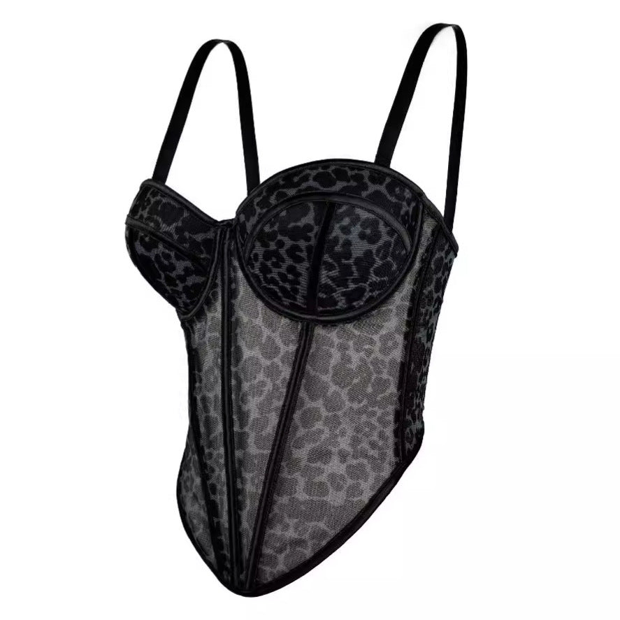 Women's Leopard-Print Mesh Lace Corset Bra