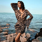 Tiger-stripe backless sheath dress, V-neck front, sheer long sleeves, tie waist