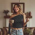 Women's Bow Shoulder Strap Design Black White Polka Dot One Shoulder Short Length Cropped Top