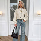 Casual Stand Collar Contrast Color Binding Lantern Sleeve