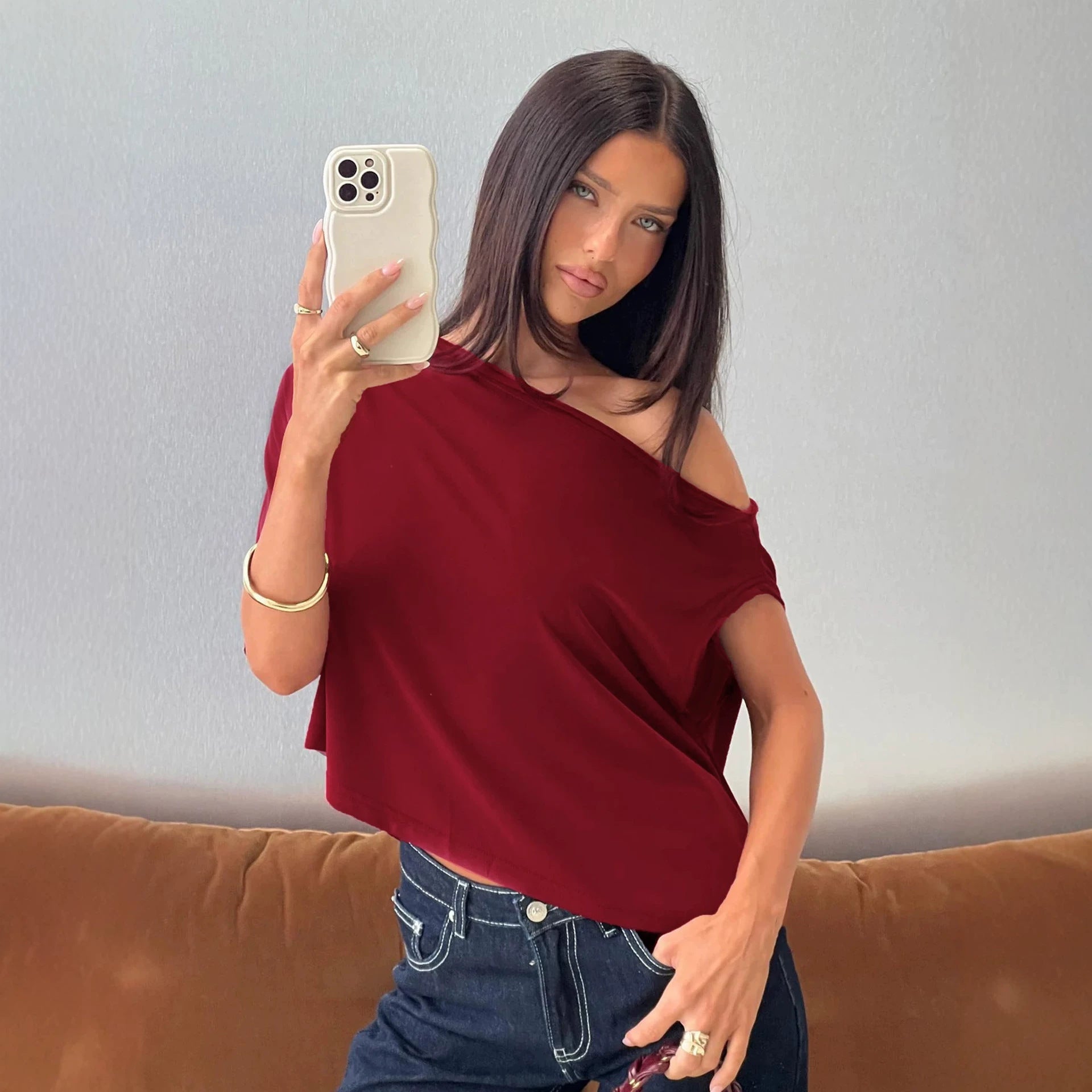 Women's One-Shoulder Asymmetric Short-Sleeve Top