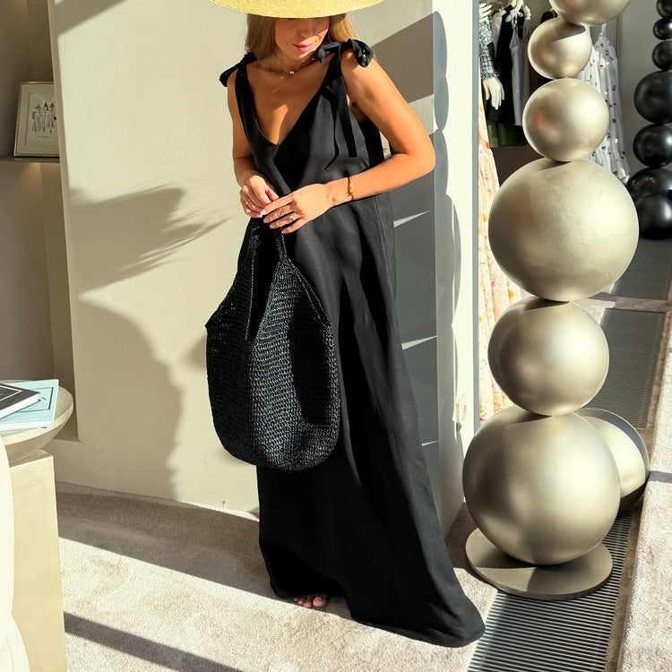 Women's V-Neck Faux-Linen Tie Sleeveless Maxi Dress