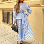 Striped Skirt Set round Neck Long Sleeve