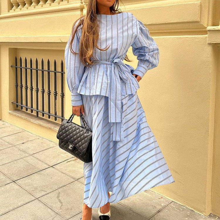 Striped Skirt Set round Neck Long Sleeve