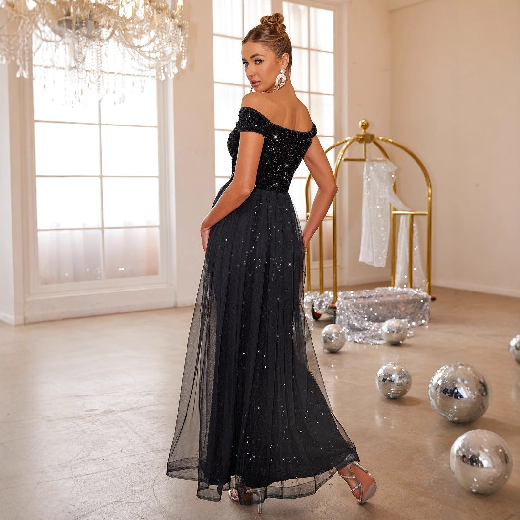 Women's Off-Shoulder Sequin Lace A-Line Maxi Evening Dress