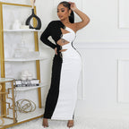 Contrast Color Metal Decoration Single Side Sleeve Trend Dress