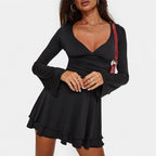 Deep V-Neck Long-Sleeve Ruched Mini Dress