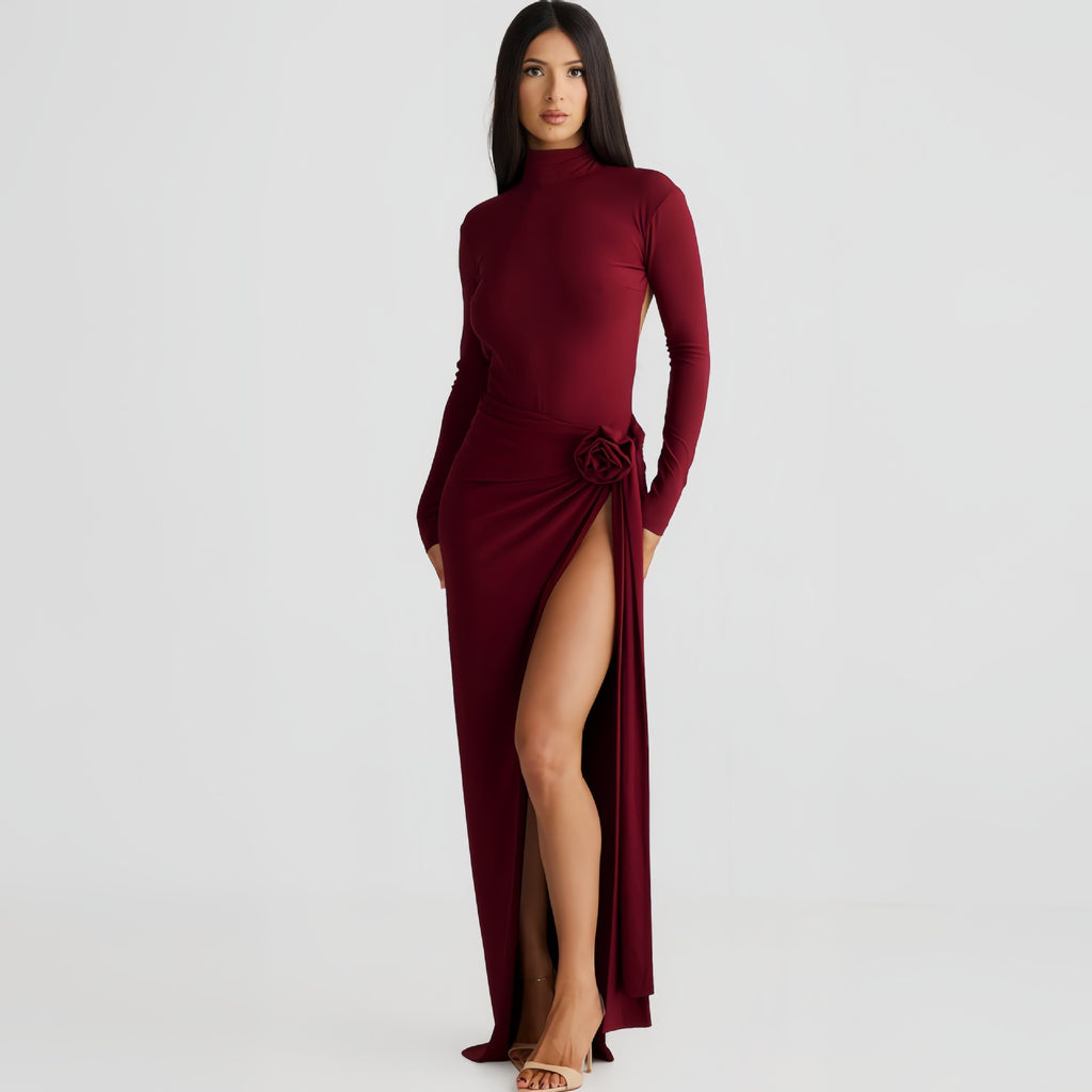 High Collar Backless Long Sleeves Jumpsuit Slit Dress