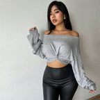 Cropped T Shirt Off Neck Slim Long Sleeve Top Women