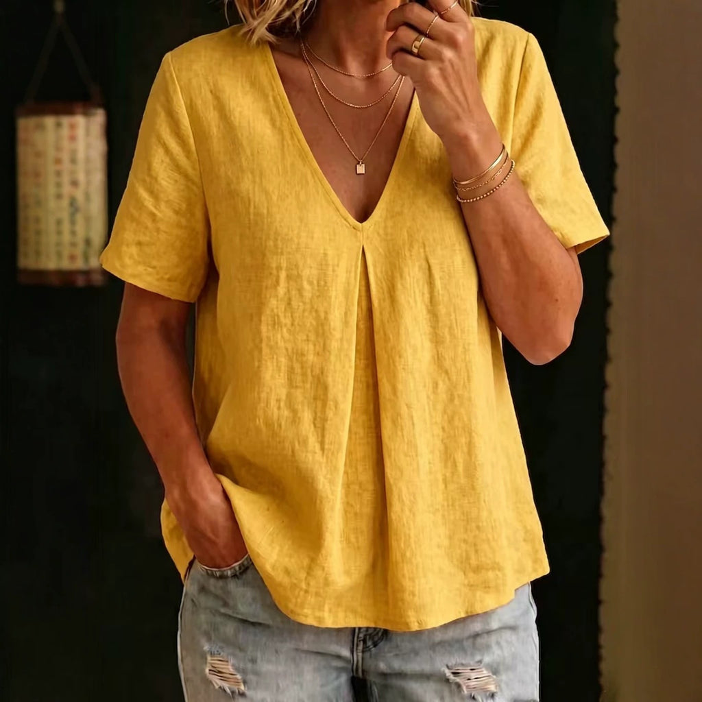 Women Cotton Linen V neck Short Sleeve Loose Slimming
