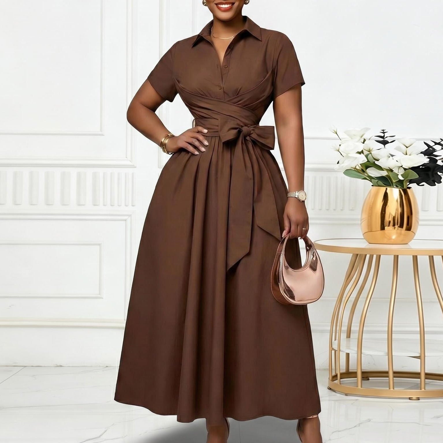 Women Clothing Summer Polo Collar Short Sleeve Lace up