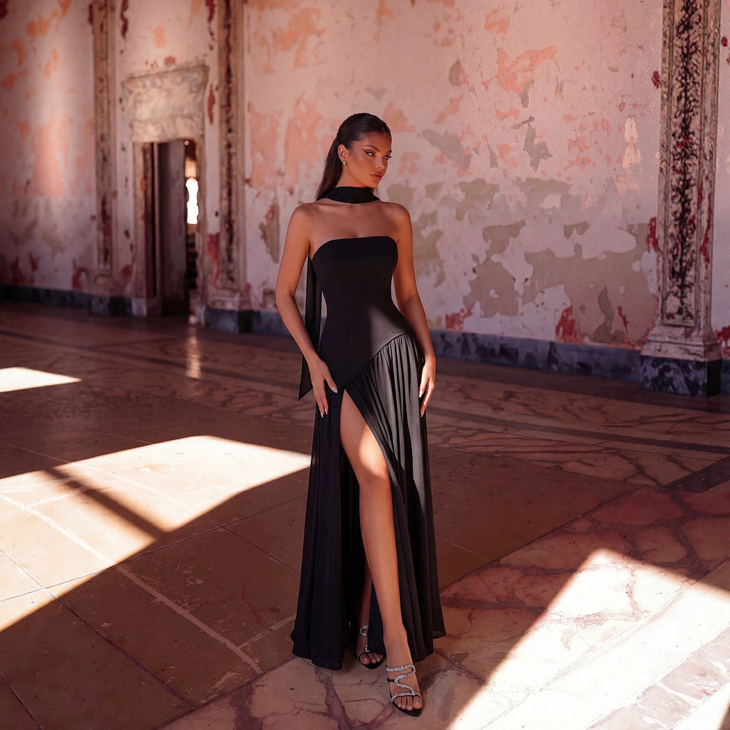 Women's Halter Ribbon High-Slit Chiffon Maxi Dress