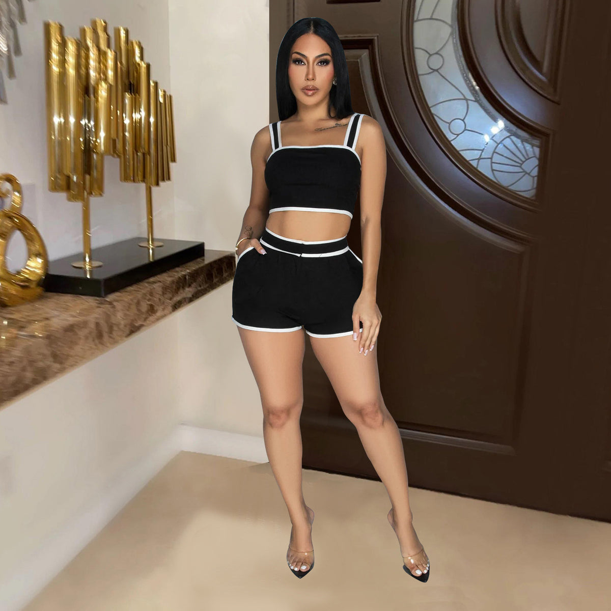 Solid Color Suspender Shorts Two-Piece Set