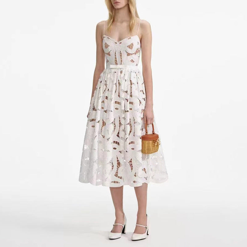 Sexy Dress Water Soluble Embroidery Sleeveless Backless High Waist Slimming Dress Women Autumn