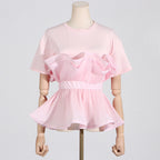 Women's Slimming Round Neck Ruffled Stitching Short Sleeve T-Shirt