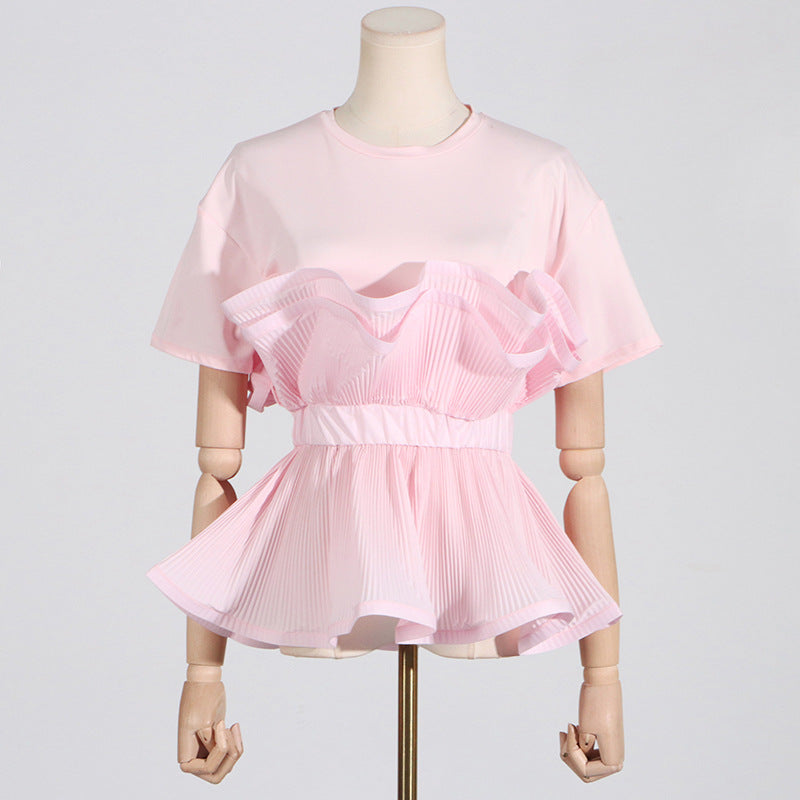 Women's Slimming Round Neck Ruffled Stitching Short Sleeve T-Shirt