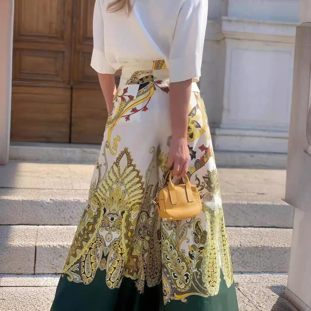 Women's Autumn Elegant Single Breasted Shirt High Waist Print Wide Leg