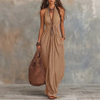 Women’s khaki V-neck halter one-piece swimwear, draped maxi silhouette