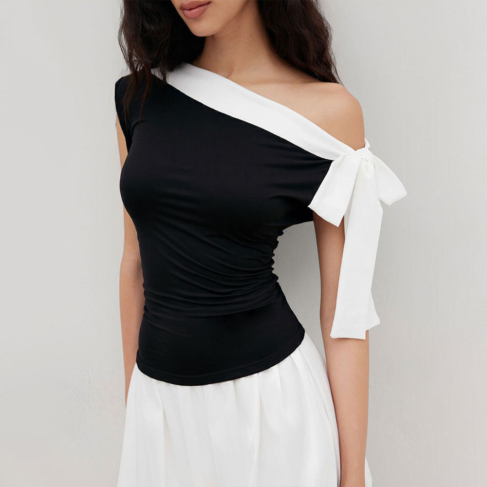 Women's Contrast Off-Shoulder Bow Top