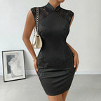 Chinese Hip Embroidered Stand Collar Black Cheongsam Dress