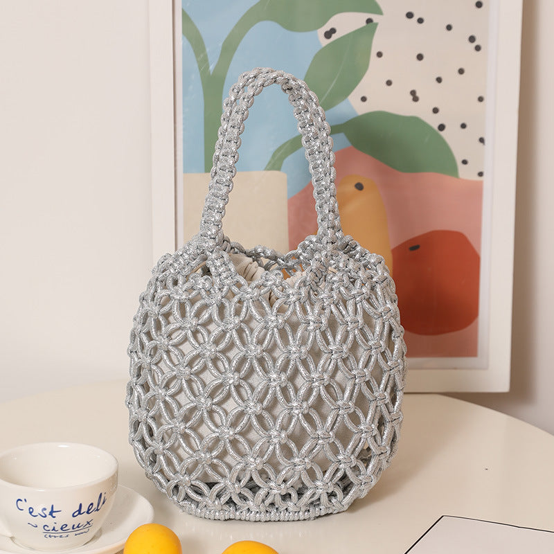 Women's Gold & Silver Woven Bucket Beach Bag