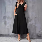 Women's V-Neck Pocket A-Line Midi Dress