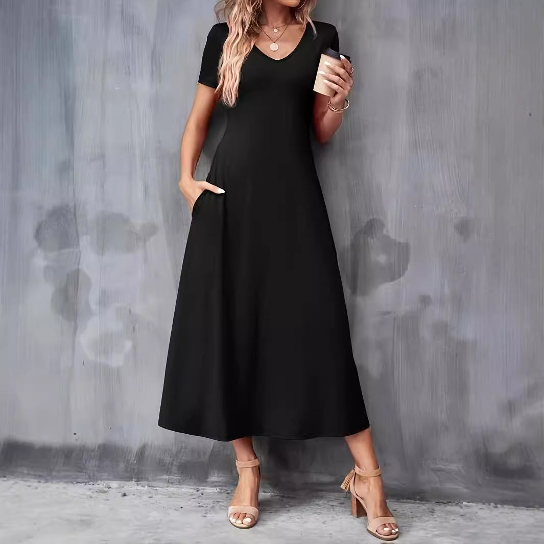 Women's V-Neck Pocket A-Line Midi Dress