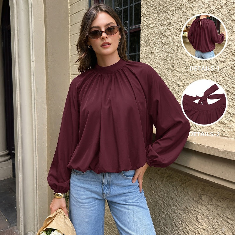 Women's Lace-Up Back Long-Sleeve Blouse
