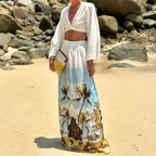 Women's Autumn Floral Print Beach Top and Skirt Two-Piece Set