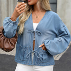 Women's Lace-Up Distressed Denim Jacket