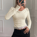 Autumn Winter Slim T shirt Women Lace Stitching Solid Color Long Sleeved Top