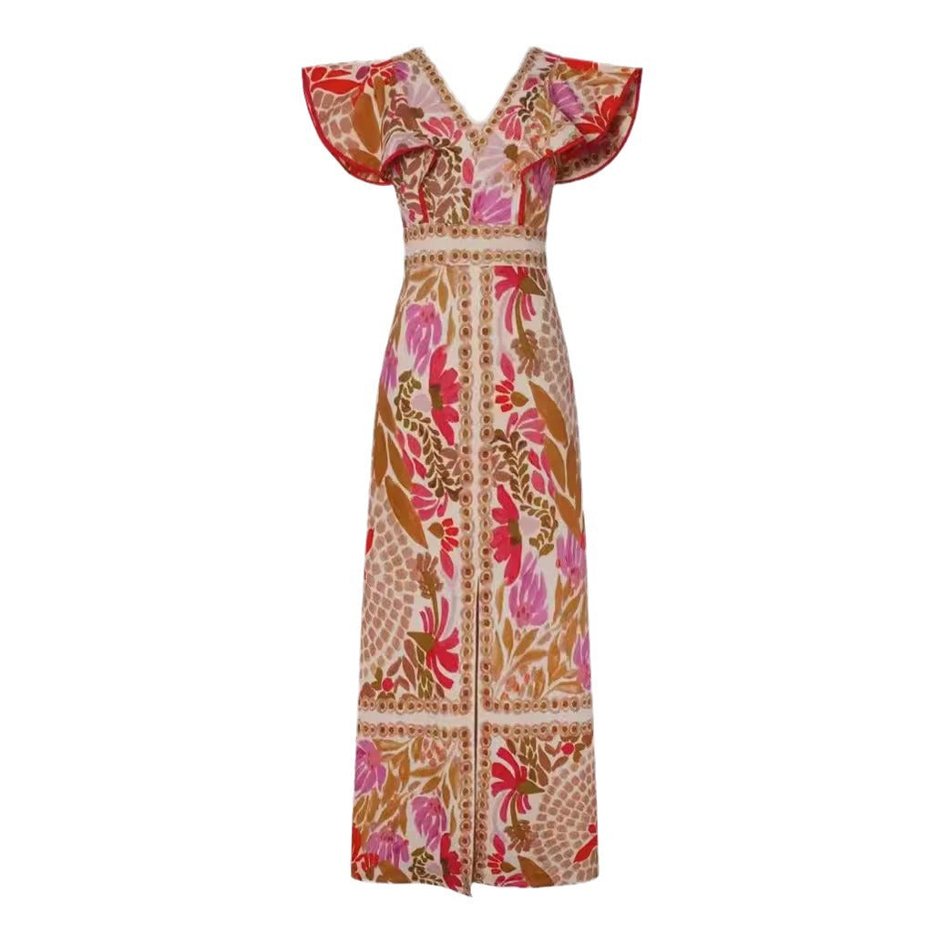 V-Neck Flounce Slit Floral Backless Dress
