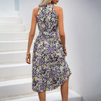 Floral Pleated Floral Print Halter Dress