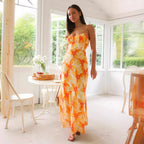 Women's Floral Print Backless Mid Length Dress