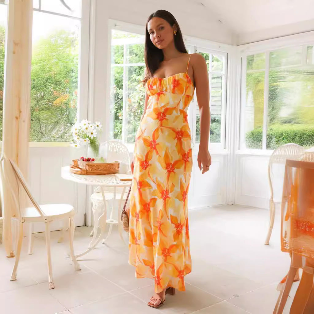 Women's Floral Print Backless Mid Length Dress