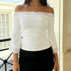 Sexy Lace Patchwork Flared Sleeves off Shoulder Top Women