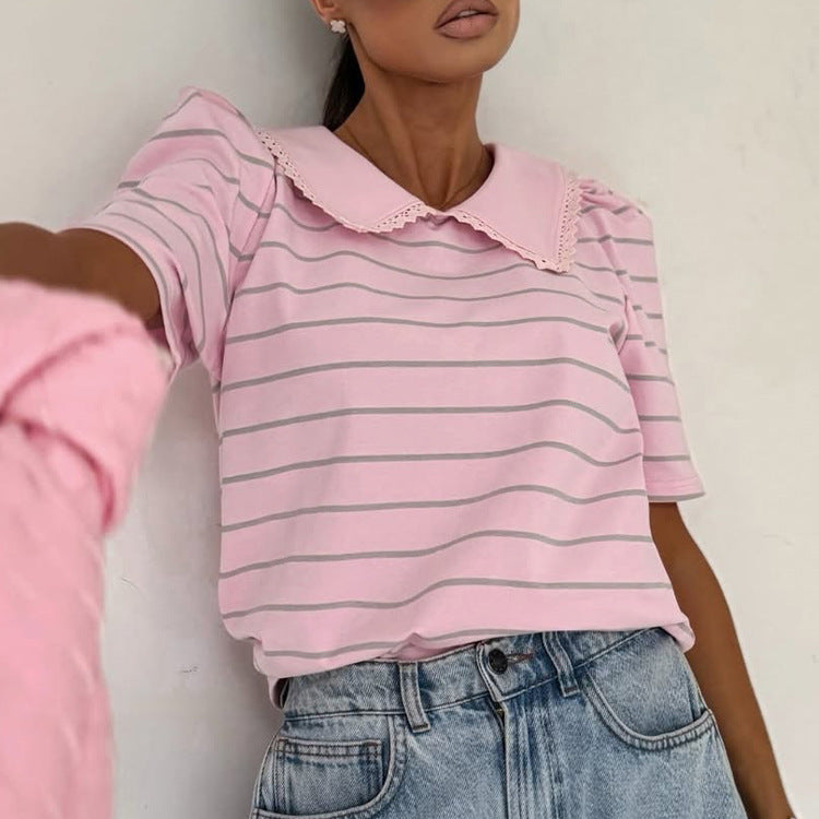 Women's Peter Pan Collar Striped Embroidered Shirt