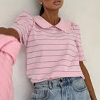 Women's Peter Pan Collar Striped Embroidered Shirt