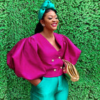 Women's V Neck Lantern Sleeve Button Cardigan Slim Fit Short Rose Red Party Women Shirt Top