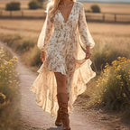 Bohemian V-Neck Irregular Asymmetric Hem Printed Long Sleeve Dress