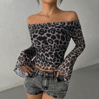 Women’s Leopard Print Off Shoulder Flared Sleeve Top
