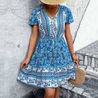 Women's V-Neck Floral Puff-Sleeve Dress