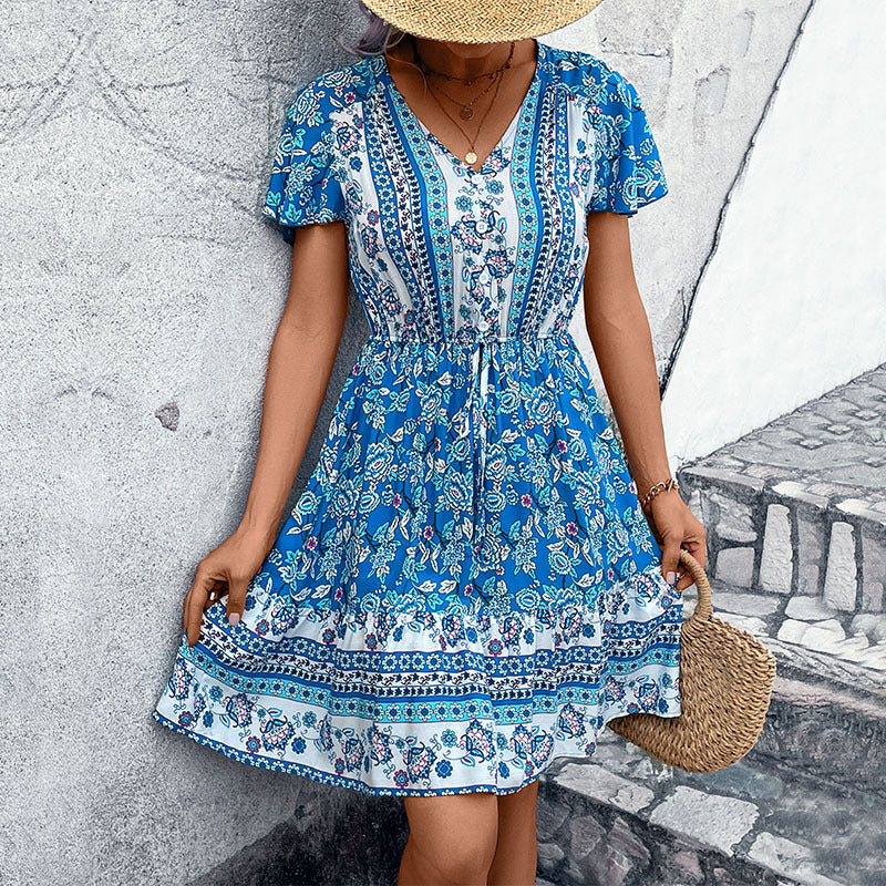 Women's V-Neck Floral Puff-Sleeve Dress