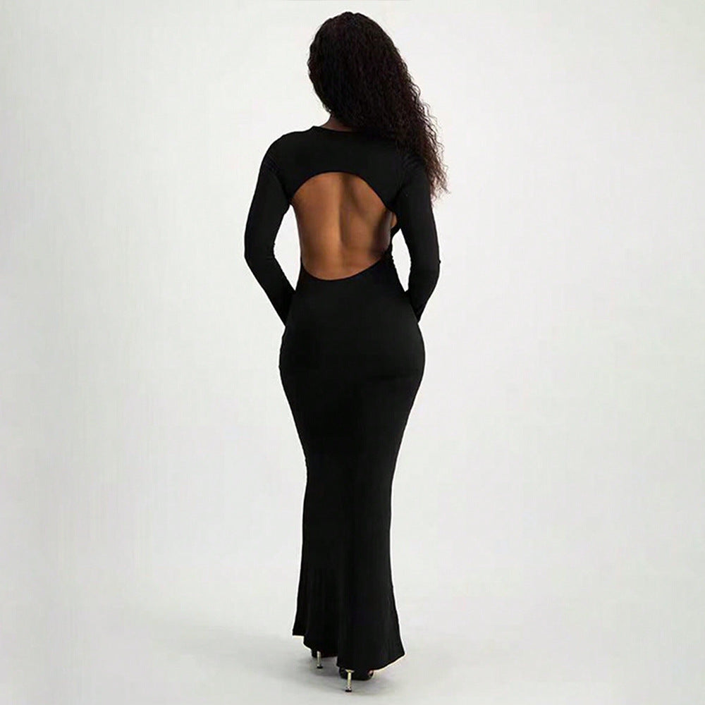 Women's Crew-Neck Cutout Backless Long-Sleeve Bodycon Maxi Dress