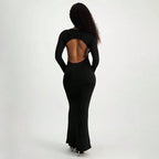 Women's Crew-Neck Cutout Backless Long-Sleeve Bodycon Maxi Dress