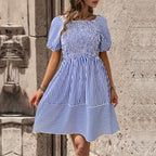 Striped Square-Neck Lace-Up Dress