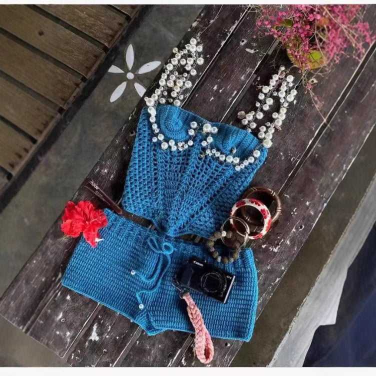 Spring Summer Solid Color Crop Top Spaghetti Strap Beaded Top Short Sets