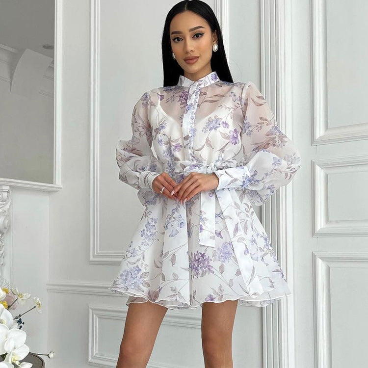 Elegant Stand Collar Long Sleeve Lace Printing A line Cami